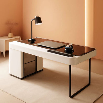 Ivory 50 Inch Office Computer Desk With Cabinet LED lights