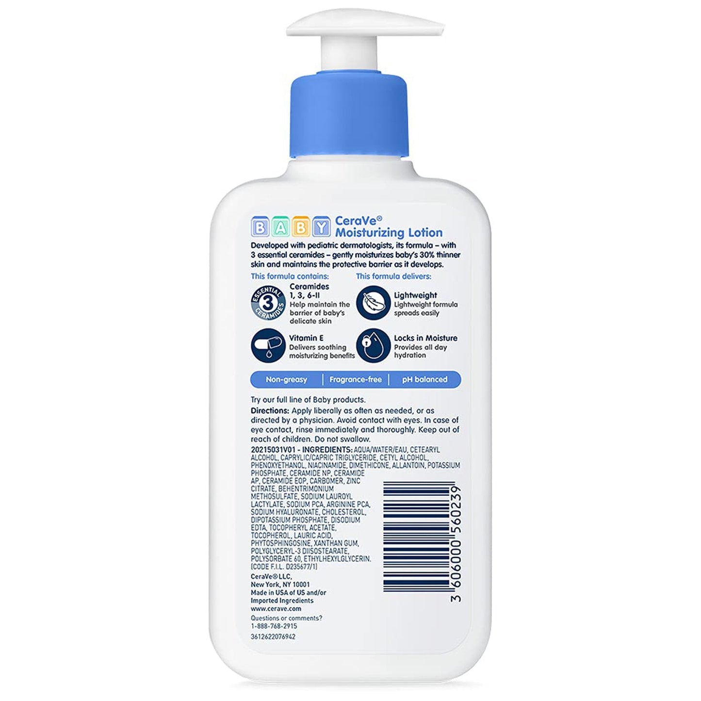 Baby Lotion CeraVe® 8 oz. Pump Bottle Unscented Lotion 60600056023