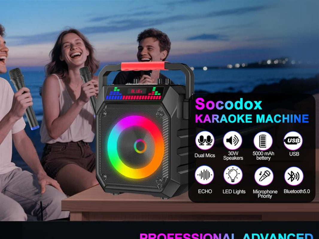 Socodox Karaoke Machine for Adults & Kids Portable Bluetooth 5.2 Speaker with 2 Wireless Microphones RGB Lights AUX USB TF AUX Home PA System for Family Party Outdoor Fun