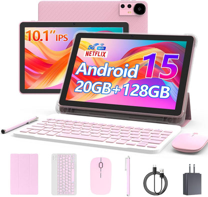Android 15 Tablet 10 Inch, 20GB RAM+128GB ROM/ 2TB Expandable, 2.0Ghz Quad-Core Processor, 1280*800 HD Screen, 5G Wifi6 BT 5.0, 2 in 1 Tablets with Keyboard Case Mouse Stylus, Widevine L1 Blue