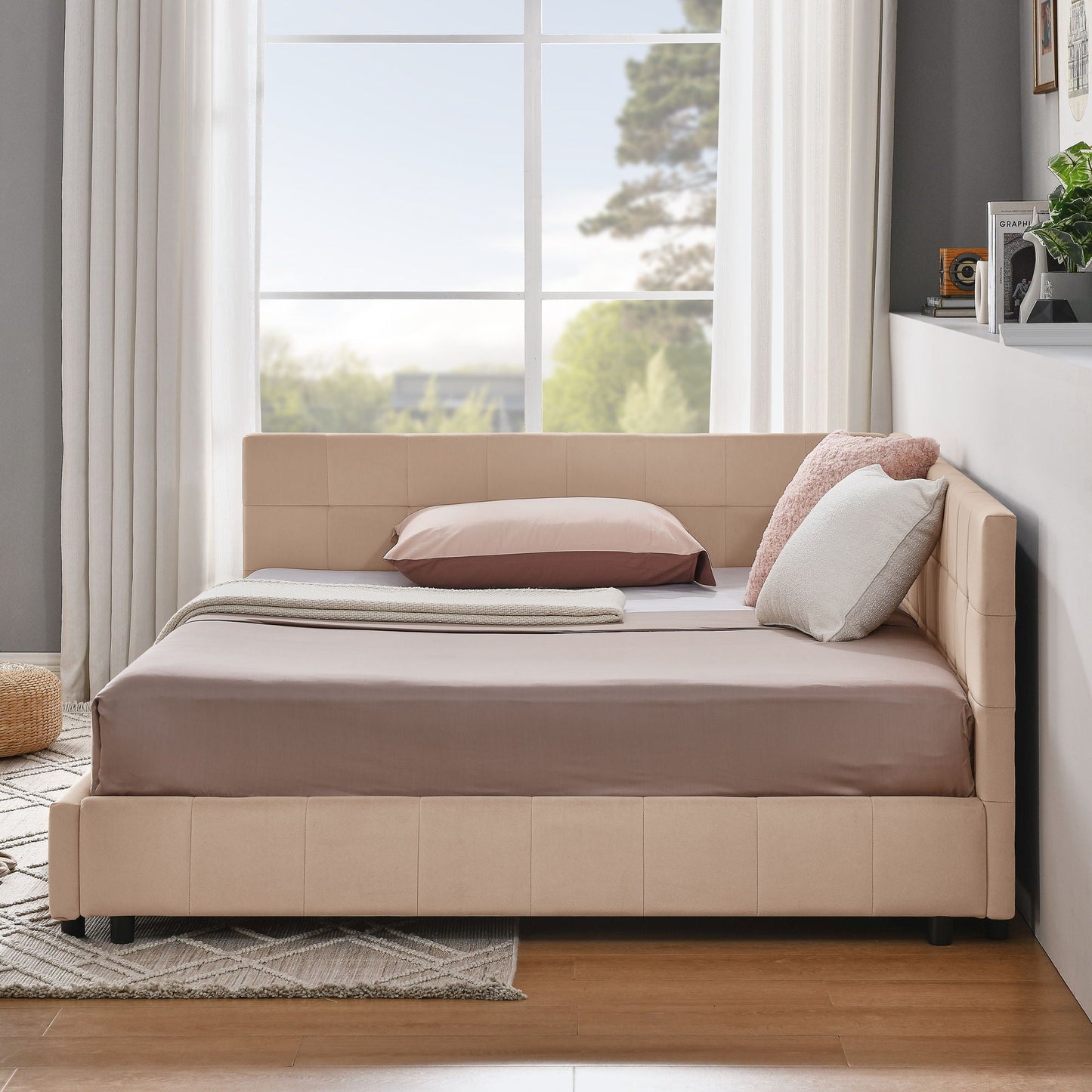 Mid-Century Storage Upholstered Tufted Bed Frame With Backrest And Armrests