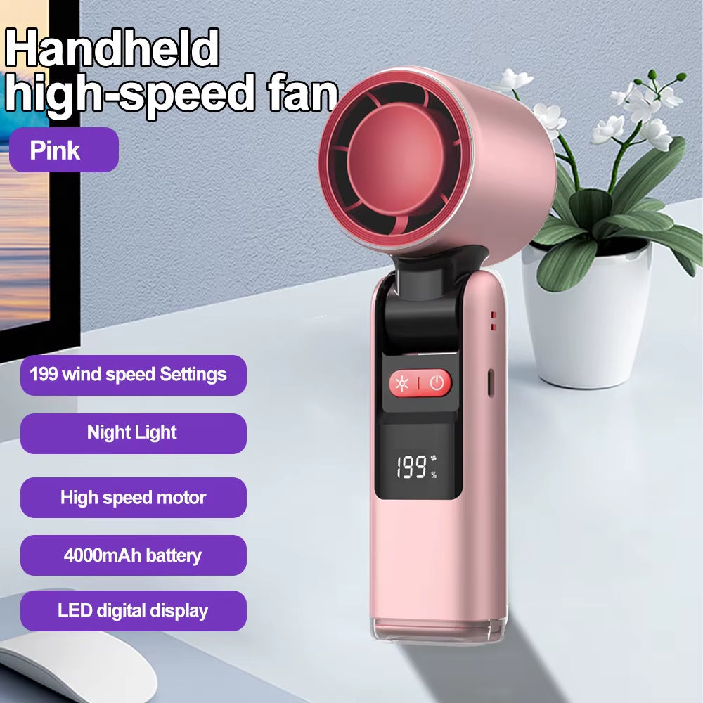 Mini Handheld Turbo Fan Foldable Design 1-199-Speed Wind 4000Mah Rechargeable Digital Display Protable Pocket Fans for Outdoor