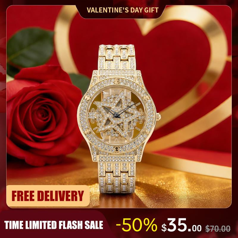 Luxury Watches for Ladies and Gentlemen Luxury round Dial Diamond-Encrusted with Rotating Star Design Quartz Watch - Fashionable Sparkling & Versatile Timeless Classic Design with Adjustment Tool Birthday Gifts