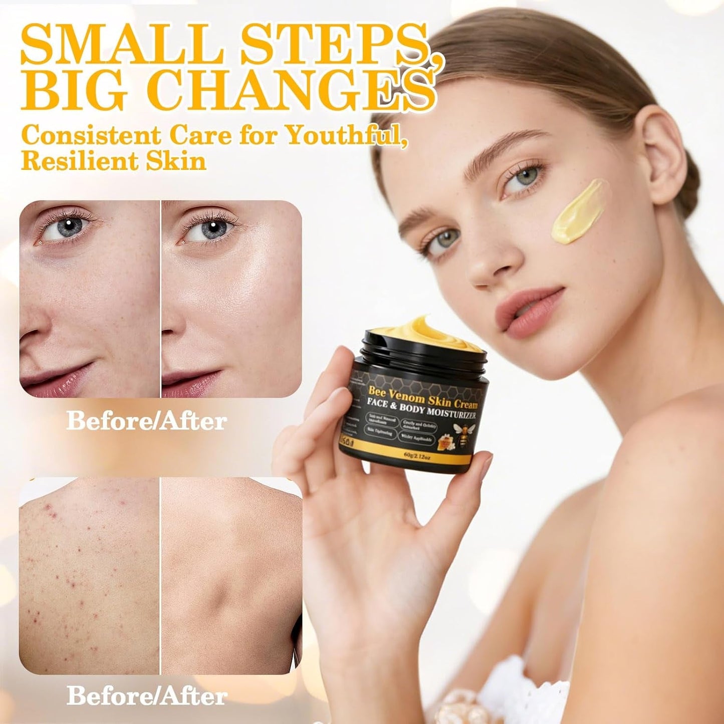 2PCS Bee Venom Skin Cream, Natural Ingredients Non-Irritating Bee Venom Cream, Wrinkle Lift & Firming, Reduces Blemishes, for Face & Full Body, 2 * 60G