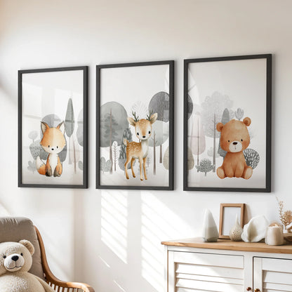 Forest Animal Nursery Decor. Cute Fox Fawn Bear Print Set