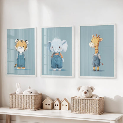 Safari Nursery Wall Art Set of 3. Baby Elephant, Giraffe, Tiger