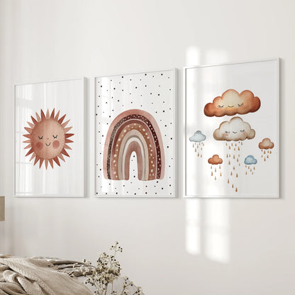 Minimalist Baby Room Wall Art Set of 3. Earthy Rainbow Theme