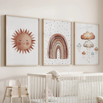 Minimalist Baby Room Wall Art Set of 3. Earthy Rainbow Theme