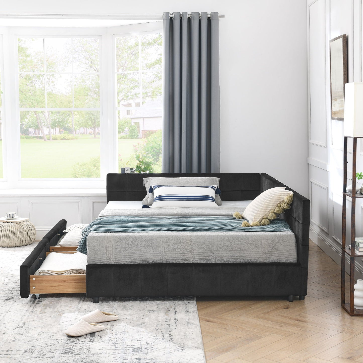 Mid-Century Storage Upholstered Tufted Bed Frame With Backrest And Armrests
