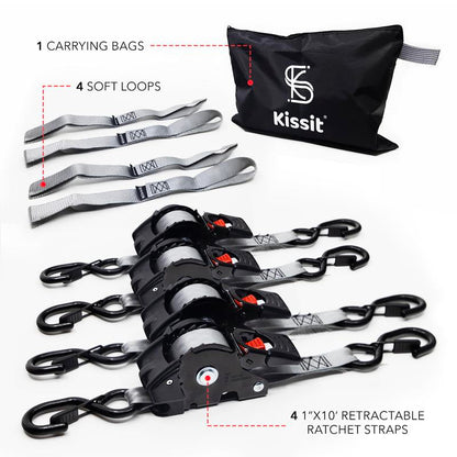 KISSIT Retractable Ratchet Tiedown Straps - 1209Lb Max Break Strength - Includes 2 1" X 10 Tie Downs