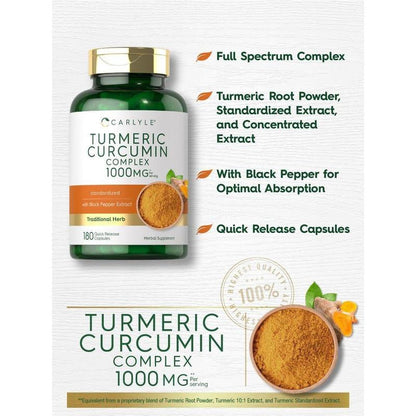 Carlyle Turmeric Curcumin with Black Pepper 1000Mg | 180 Capsules | Turmeric Complex Supplement | Non-Gmo, Gluten Free