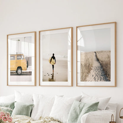 California Beach Set of 3 Prints. Surfer, Retro Van Decor