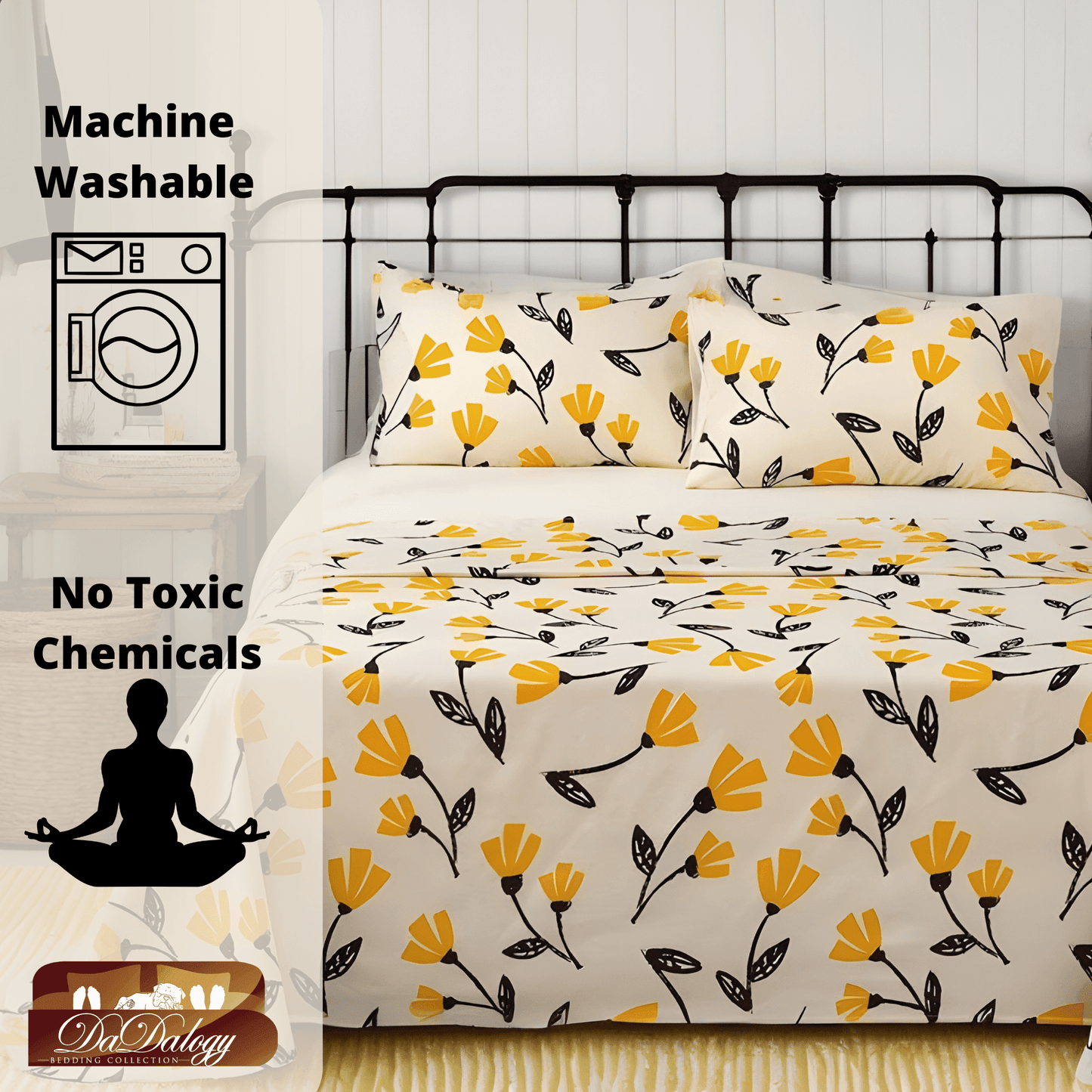 DaDa Bedding Yellow Fleur Golden Orange Floral Ivory Fitted & Flat Bed Sheets Set (18112)