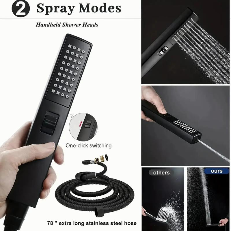 6/8"High Pressure Square Rainshower Head and 2-In-1 Handshower.Equipped with 78"Hose, 3Way Diverter Valve,Adhesive Showerhead Holder New Shower Rainfall Water Flow Stainless Steel Installation