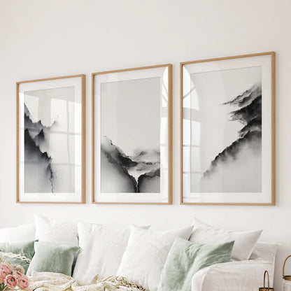 Black White Mountain Landscape Art Set of 3. Calming Nature