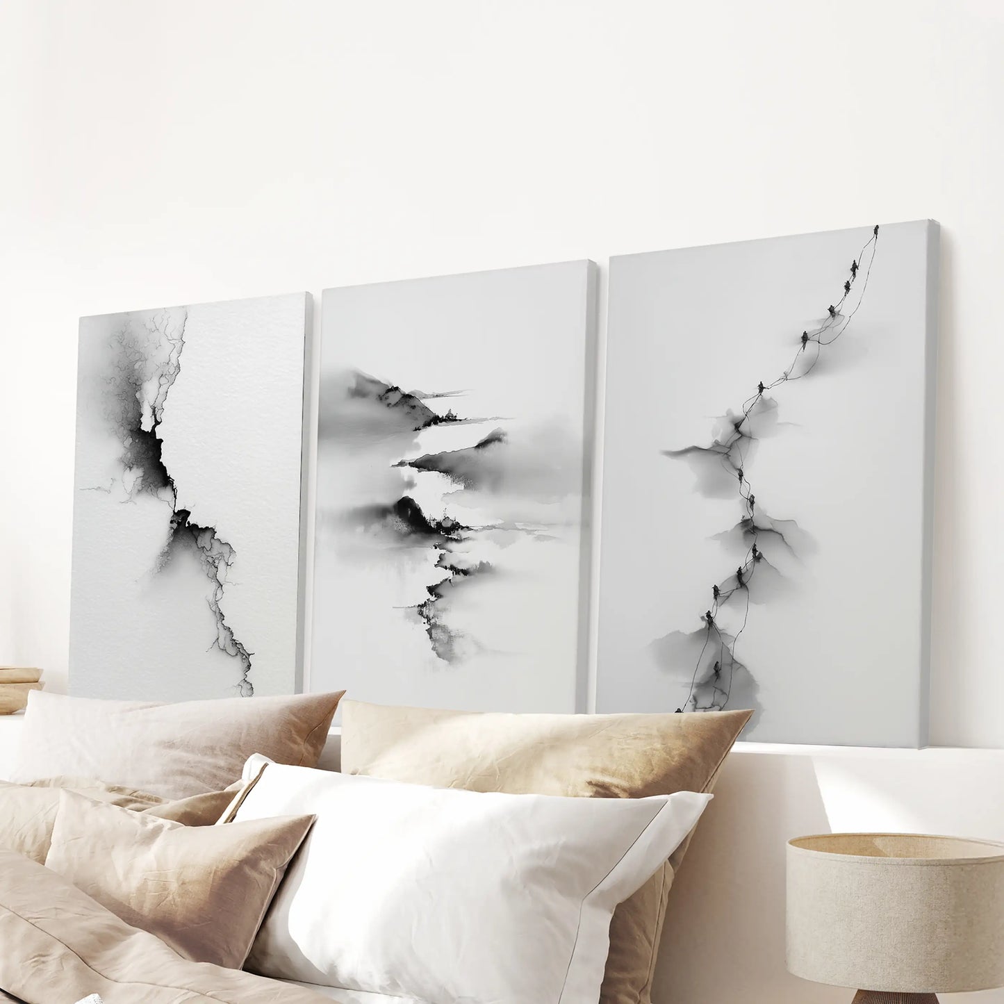 Abstract Mountain 3 Piece Wall Art. Black White Minimalist