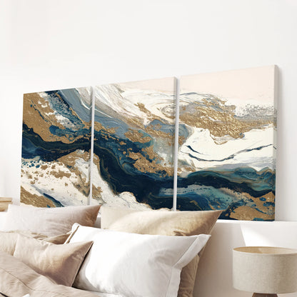 Gold & Blue Brush Strokes. Luxury 3 Piece Abstract Wall Art