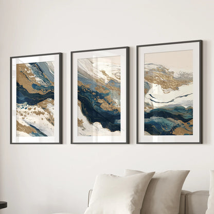 Gold & Blue Brush Strokes. Luxury 3 Piece Abstract Wall Art