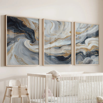 3 Piece Modern Abstract Marble Wall Art: Navy Blue and Gold