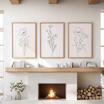 Modern Botanical Line Art Decor. 3 Piece Floral Print Set