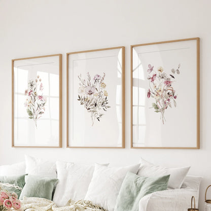 Floral Art Set of 3. Watercolor Wildflower Bouquet Prints