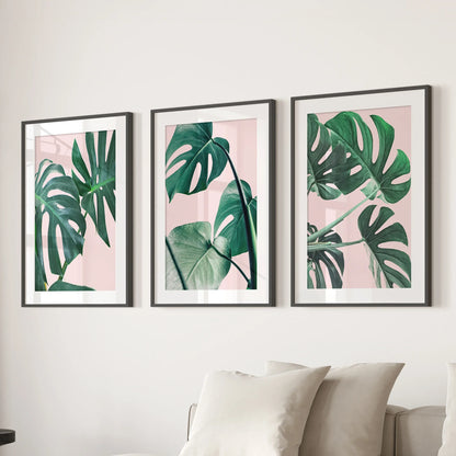 Pink Botanical 3 Piece Wall Art. Green Monstera Leaves Print