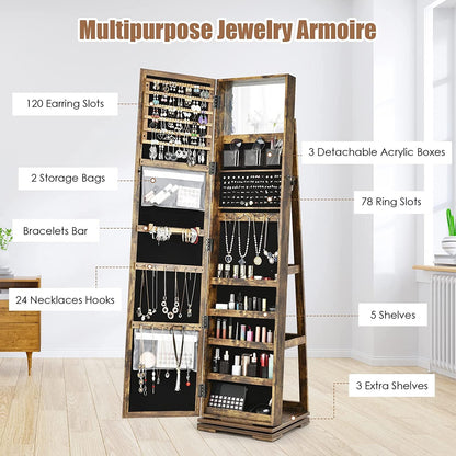 Elegant 360° Swivel Jewelry Armoire with Full-Length Mirror - Lockable Cabinet Organizer with Ample Storage, Makeup Mirror & Back Shelves (Rustic Brown)