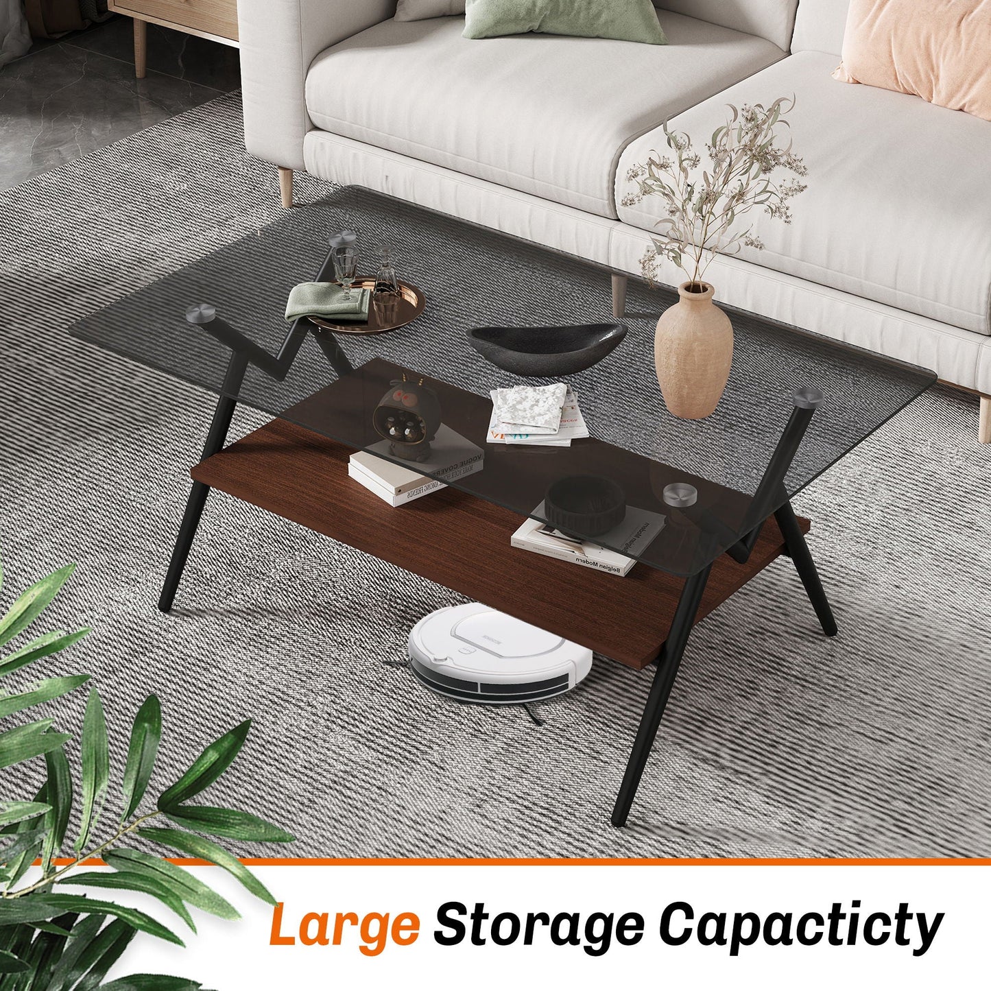 Rectangle Coffee Table With Tempered Glass Top And Shelf, Modern Table For Living Room