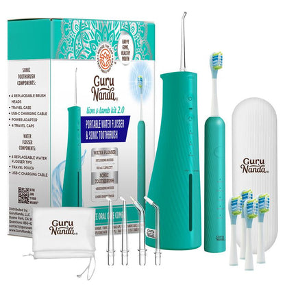 Gurunanda Lion & Lamb Kit 2.0, Electric Toothbrush with Water Flosser Combo, 4 Jet Tips, 4 Brush Heads & IPX7 Waterproof Design for Complete Oral Care