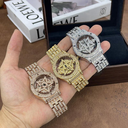 Luxury Watches for Ladies and Gentlemen Luxury round Dial Diamond-Encrusted with Rotating Star Design Quartz Watch - Fashionable Sparkling & Versatile Timeless Classic Design with Adjustment Tool Birthday Gifts