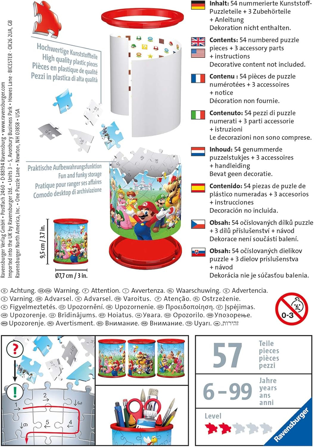 Ravensburger - Super Mario Pencil Cup - 3D Jigsaw Puzzle - Buildable Desk Organizer Featuring Iconic Mario Graphics - 54 Sturdy Plastic Pieces - Premium Quality - Fun for Kids & Adults