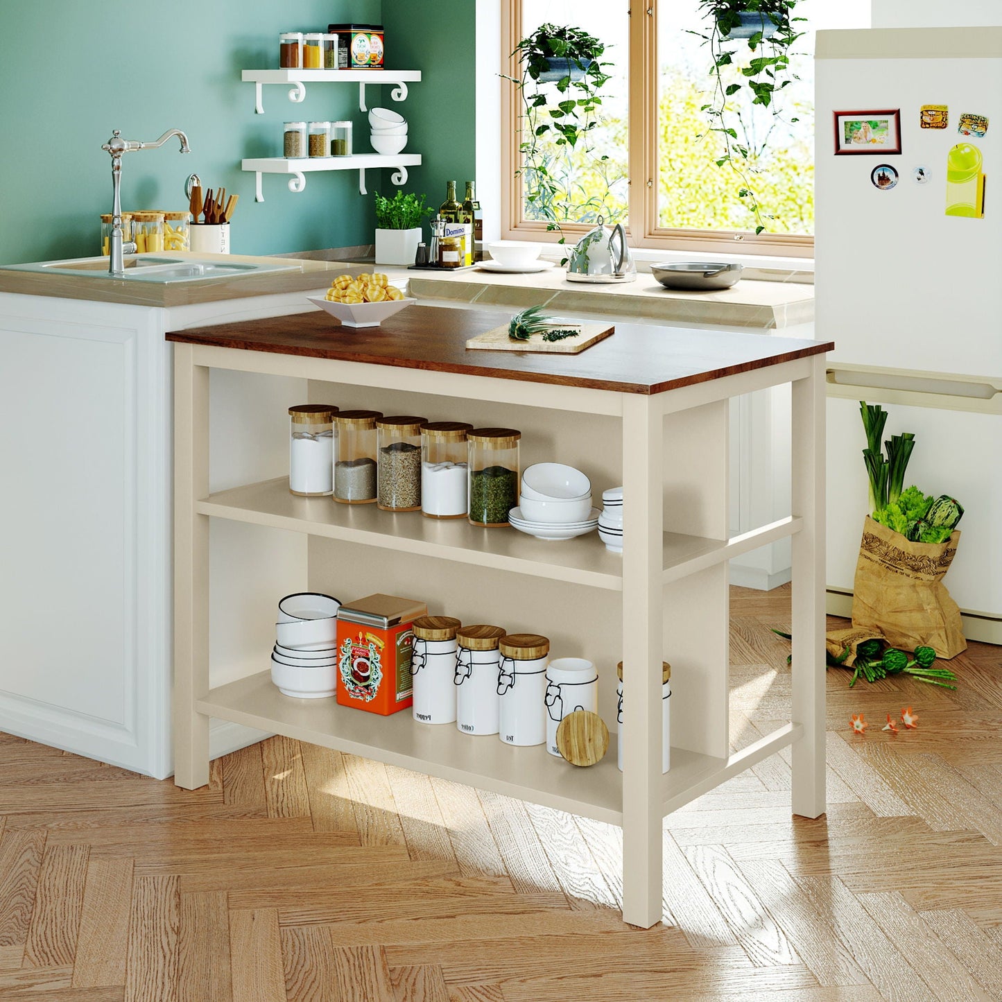 Rustic 3 Piece Stationary Kitchen Island Set With 2 Seatings, With 2 Open Shelves