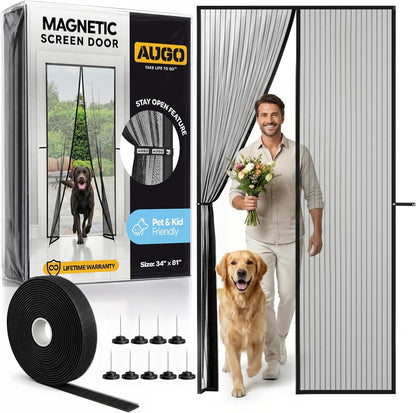 AUGO Heavy Duty Magnetic Screen Door - Self-Sealing Mesh for Ultimate Bug Protection - Ideal for Kids and Pets - 38" x 83" with Innovative Stay Open Feature