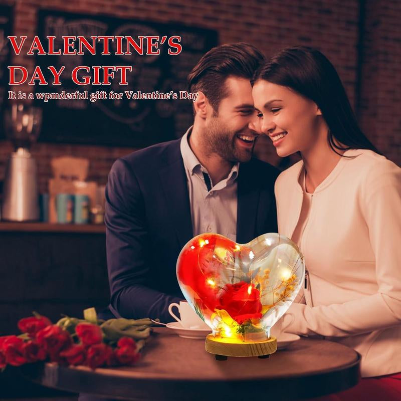 Handmade Rose Heart Glass Case with LED Lights & "I Love You" Necklace in 100 Languages Perfect for Valentine'S Day Anniversaries Birthdays Christmas Gifts for Women