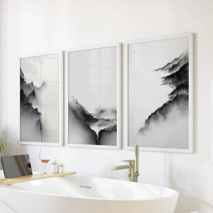 Black White Mountain Landscape Art Set of 3. Calming Nature