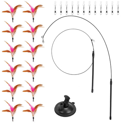 Cat Feather Wand Rod with 12 Pieces Feather Replacements for Cats