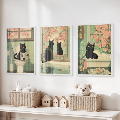 Funny Bathroom Poster. Japan Cat Pooping Wall Art Set of 3