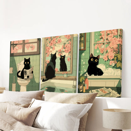 Funny Bathroom Poster. Japan Cat Pooping Wall Art Set of 3
