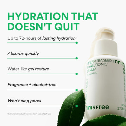 Innisfree Green Tea Seed Hyaluronic Serum with Panthenol and Niacinamide, Korean Face Serum for Hydration and Glow