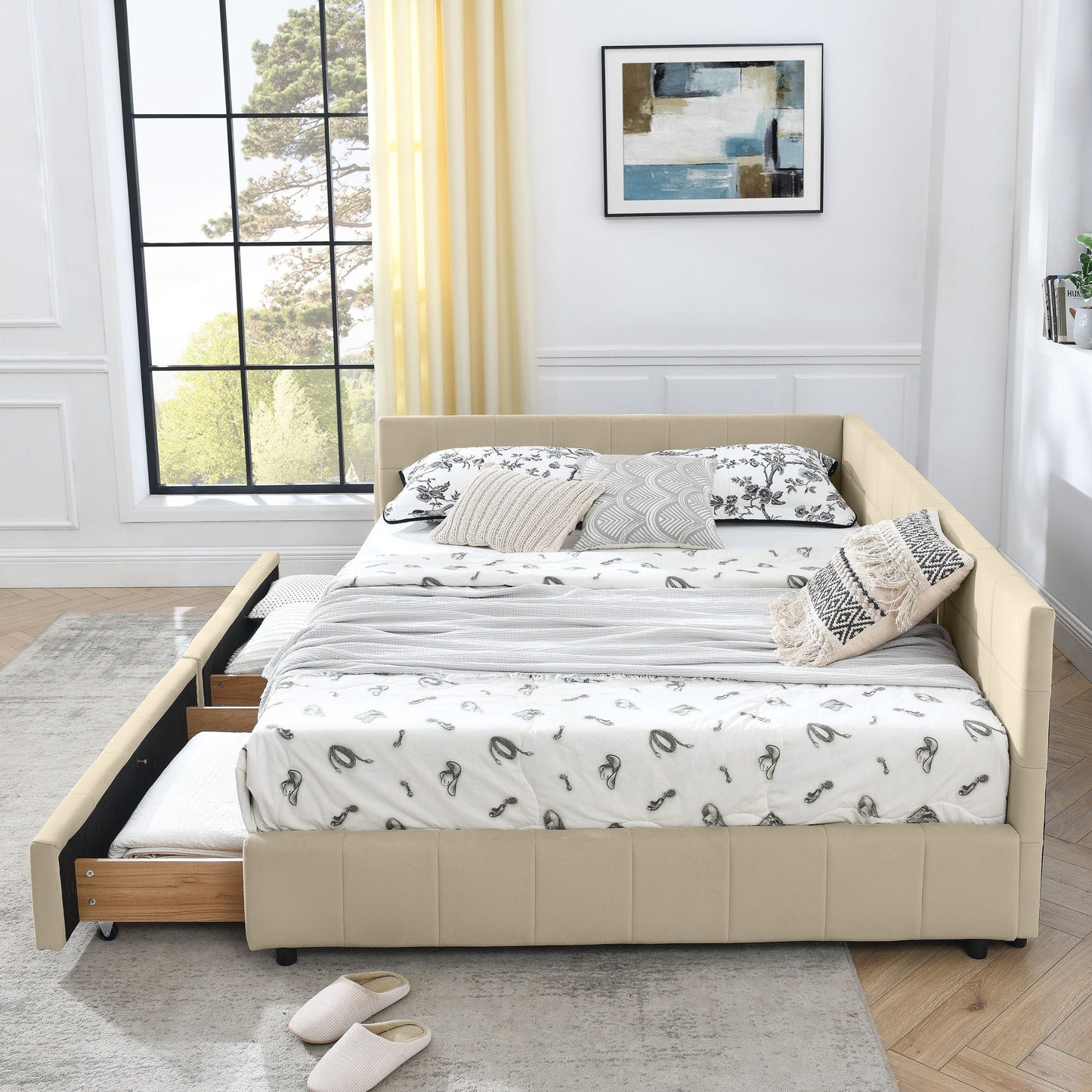 Mid-Century Storage Upholstered Tufted Bed Frame With Backrest And Armrests