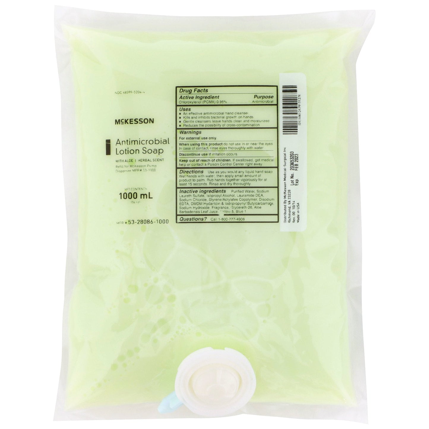 McKesson Antimicrobial Lotion Soap, Herbal Scent, With Aloe, 1,000 mL Refill Bag 53-28086-1000