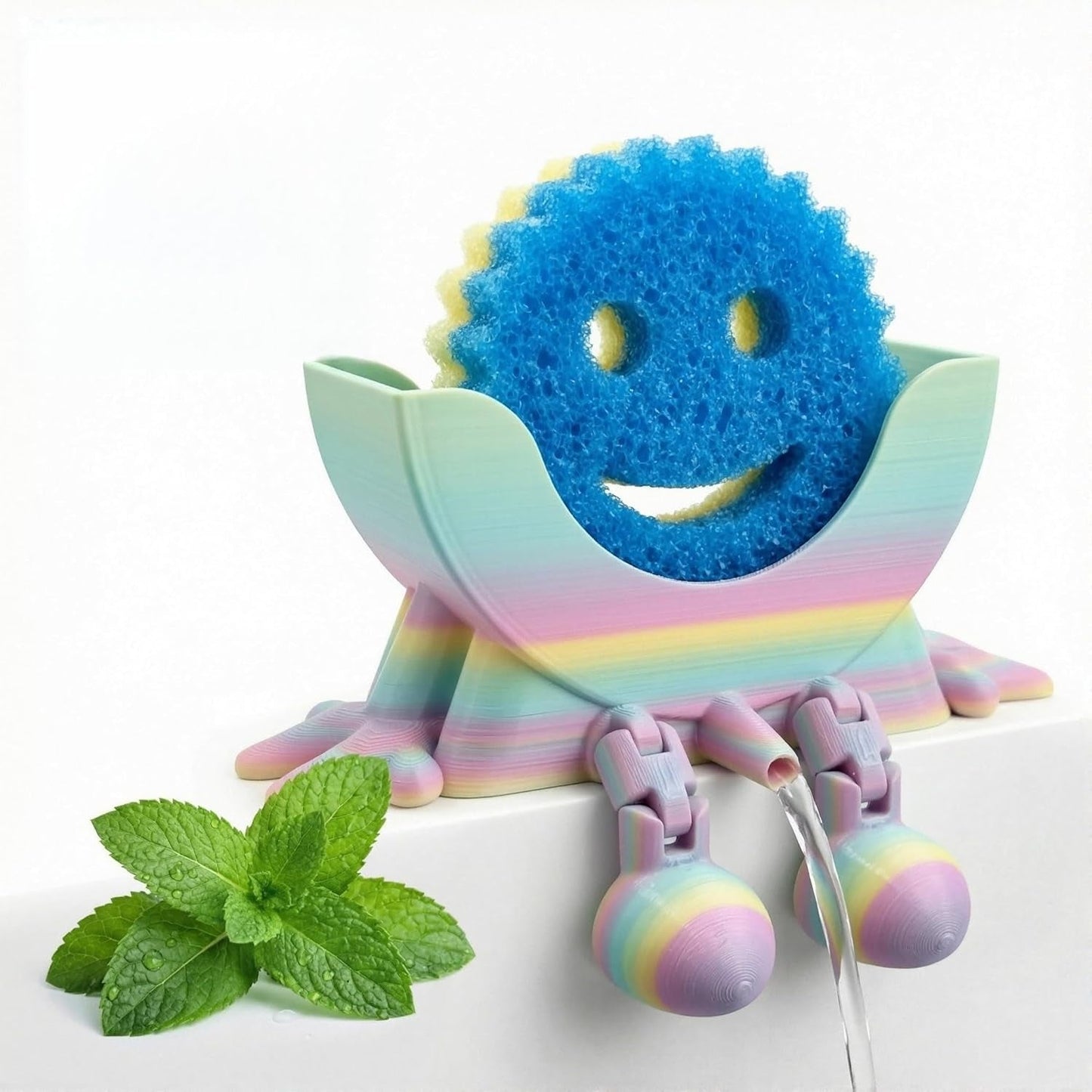 Creative Hanging Sponge Holder with Drainage/Traceless Glue, 3D Printing Countertop Funny Sponge Holders for Kitchen Sink, Keeps Your Sponge Dry & Smiling, for Scrub Daddy Holder (1, Blue)