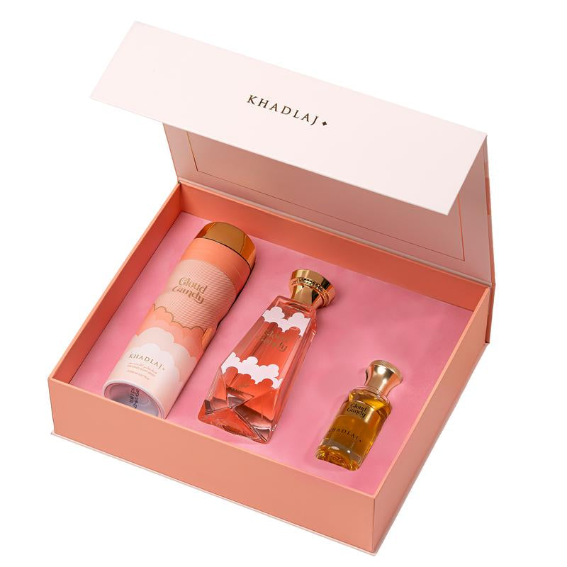 Khadlaj Cloud Candy for Unisex 3 Piece Gift Set (3.4 Ounce, Eau De Parfum Spray + 6.8 Ounce, Perfumed Body Spray + 0.34 Ounce, Eau De Parfum Travel Spray)