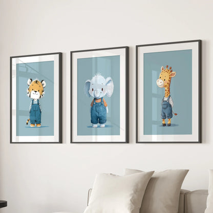 Safari Nursery Wall Art Set of 3. Baby Elephant, Giraffe, Tiger