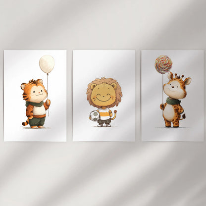 Woodland Jungle Set of 3 Prints. Lion, Giraffe, Tiger Art