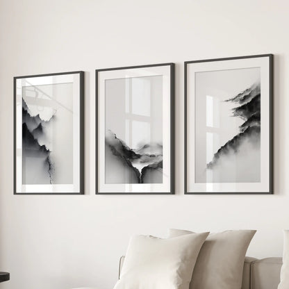 Black White Mountain Landscape Art Set of 3. Calming Nature