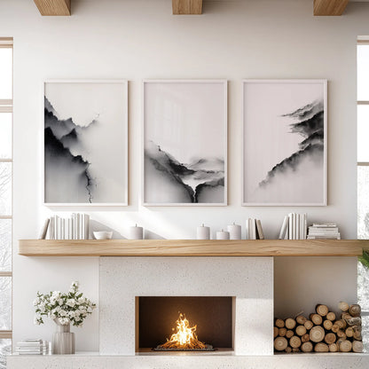 Black White Mountain Landscape Art Set of 3. Calming Nature