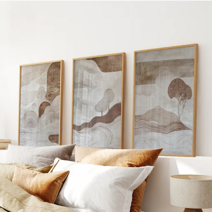 Wabi Sabi Line Art Set of 3 Prints. Earth Tones Landscape