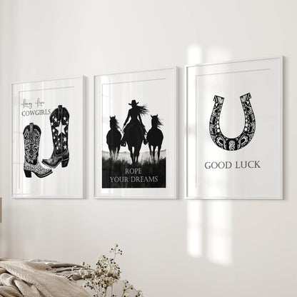 Black White Western Cowgirl 3 Piece Art. Boots, Horseshoe
