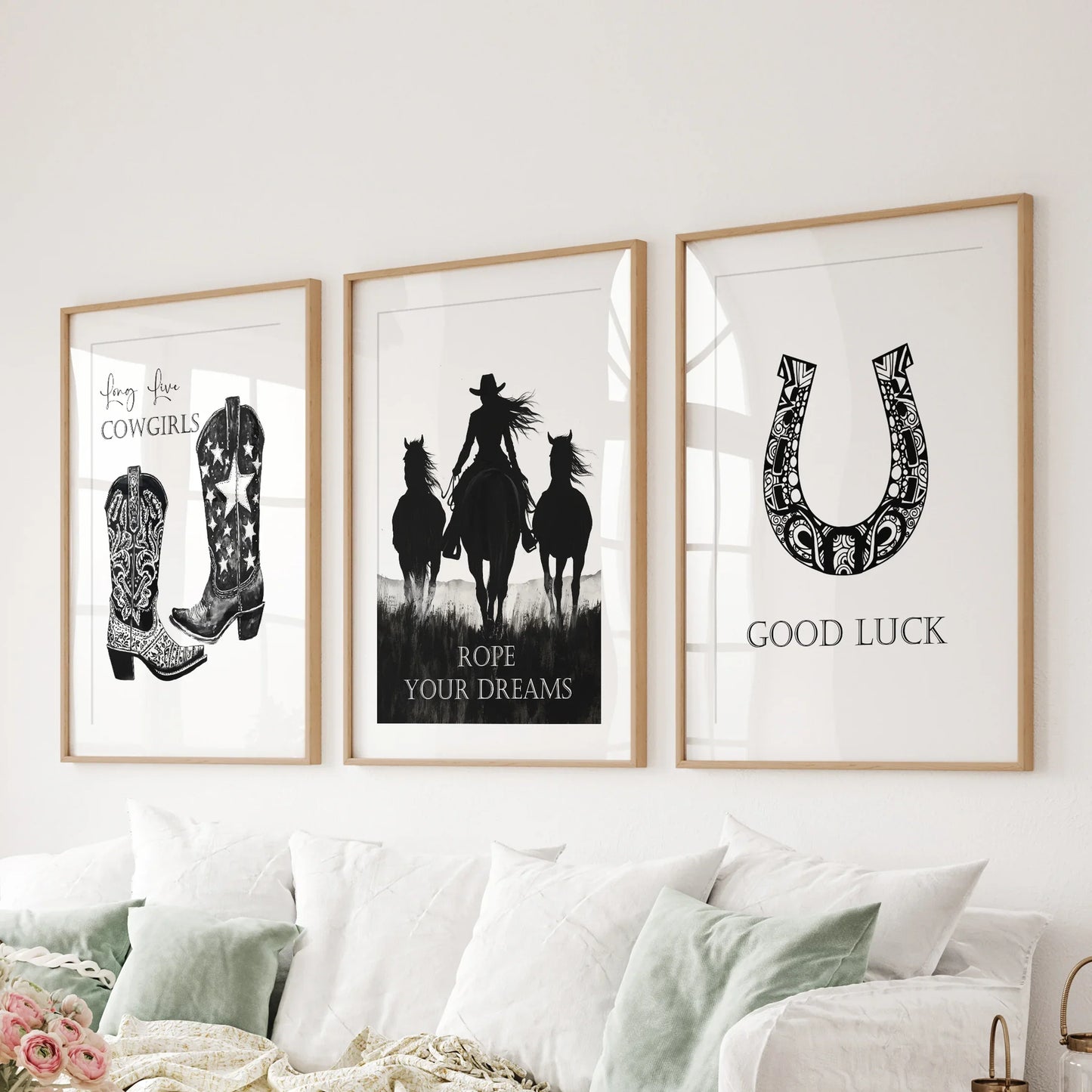 Black White Western Cowgirl 3 Piece Art. Boots, Horseshoe